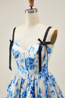Load image into Gallery viewer, White Blue Corset A Line Short Floral Prom Dress with Bow