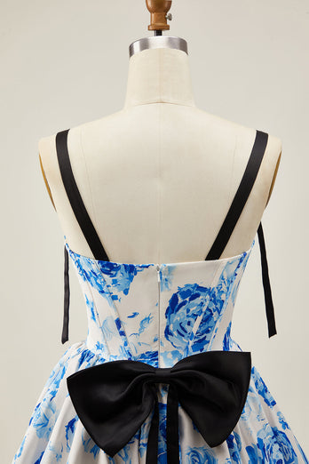White Blue Corset A Line Short Floral Prom Dress with Bow