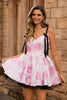 Load image into Gallery viewer, White Fuchsia A Line Floral Short Corset Prom Dress with Bow