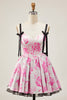 Load image into Gallery viewer, White Blue Corset A Line Short Floral Prom Dress with Bow