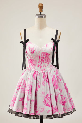 White Fuchsia A Line Floral Short Corset Prom Dress with Bow