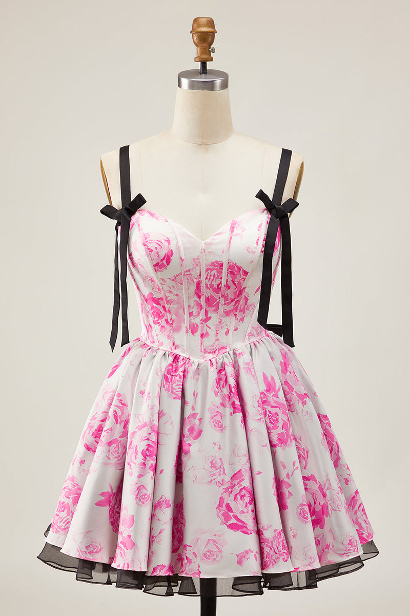 Load image into Gallery viewer, White Fuchsia A Line Floral Short Corset Prom Dress with Bow