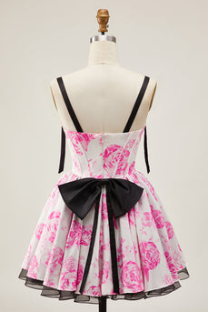 White Fuchsia A Line Floral Short Corset Prom Dress with Bow