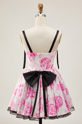 White Fuchsia A Line Floral Short Corset Prom Dress with Bow