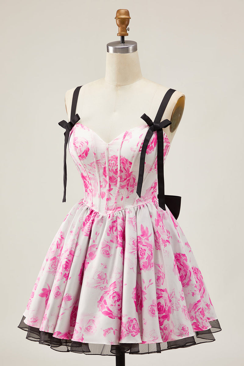 Load image into Gallery viewer, White Fuchsia A Line Floral Short Corset Prom Dress with Bow