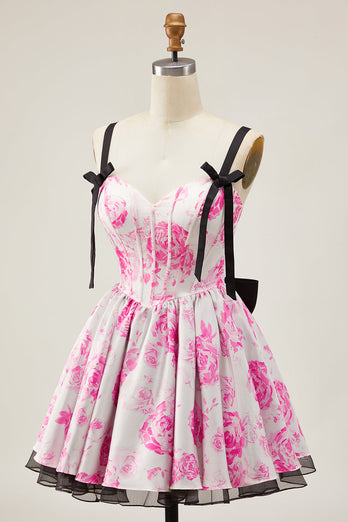 White Blue Corset A Line Short Floral Prom Dress with Bow