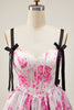 Load image into Gallery viewer, White Fuchsia A Line Floral Short Corset Prom Dress with Bow