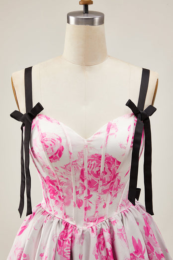 White Fuchsia A Line Floral Short Corset Prom Dress with Bow