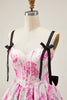 Load image into Gallery viewer, White Fuchsia A Line Floral Short Corset Prom Dress with Bow
