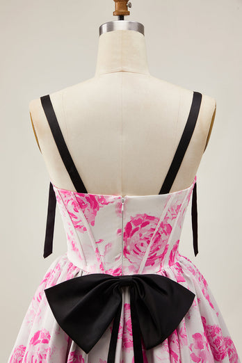 White Fuchsia A Line Floral Short Corset Prom Dress with Bow