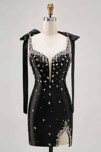 Sparkly Black Tight Satin Short Prom Dress with Rhinestones