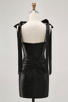 Sparkly Black Tight Satin Short Prom Dress with Rhinestones