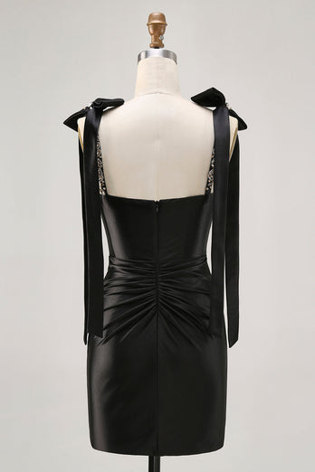 Sparkly Black Tight Satin Short Prom Dress with Rhinestones