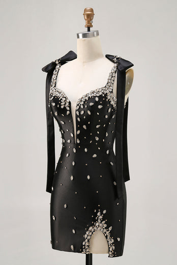 Sparkly Black Tight Satin Short Prom Dress with Rhinestones