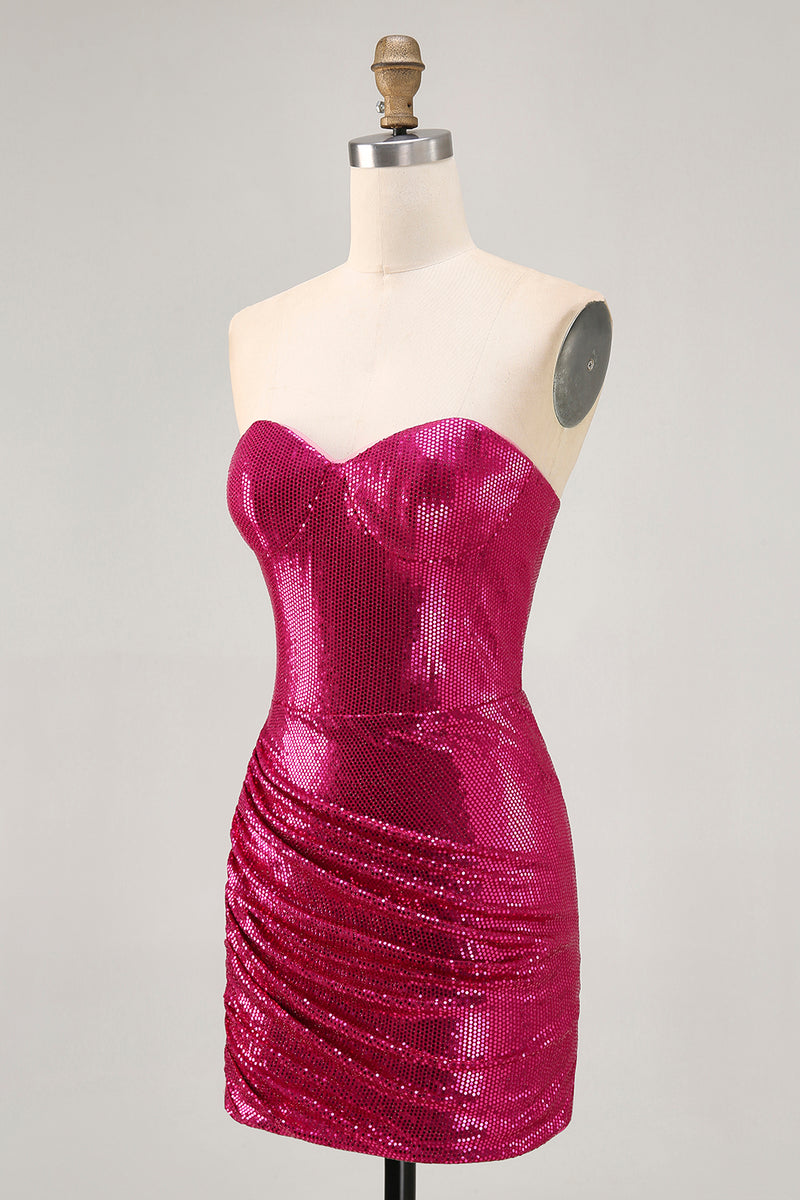 Load image into Gallery viewer, Sparkly Fuchsia Sweetheart Tight Sequin Short Prom Dress