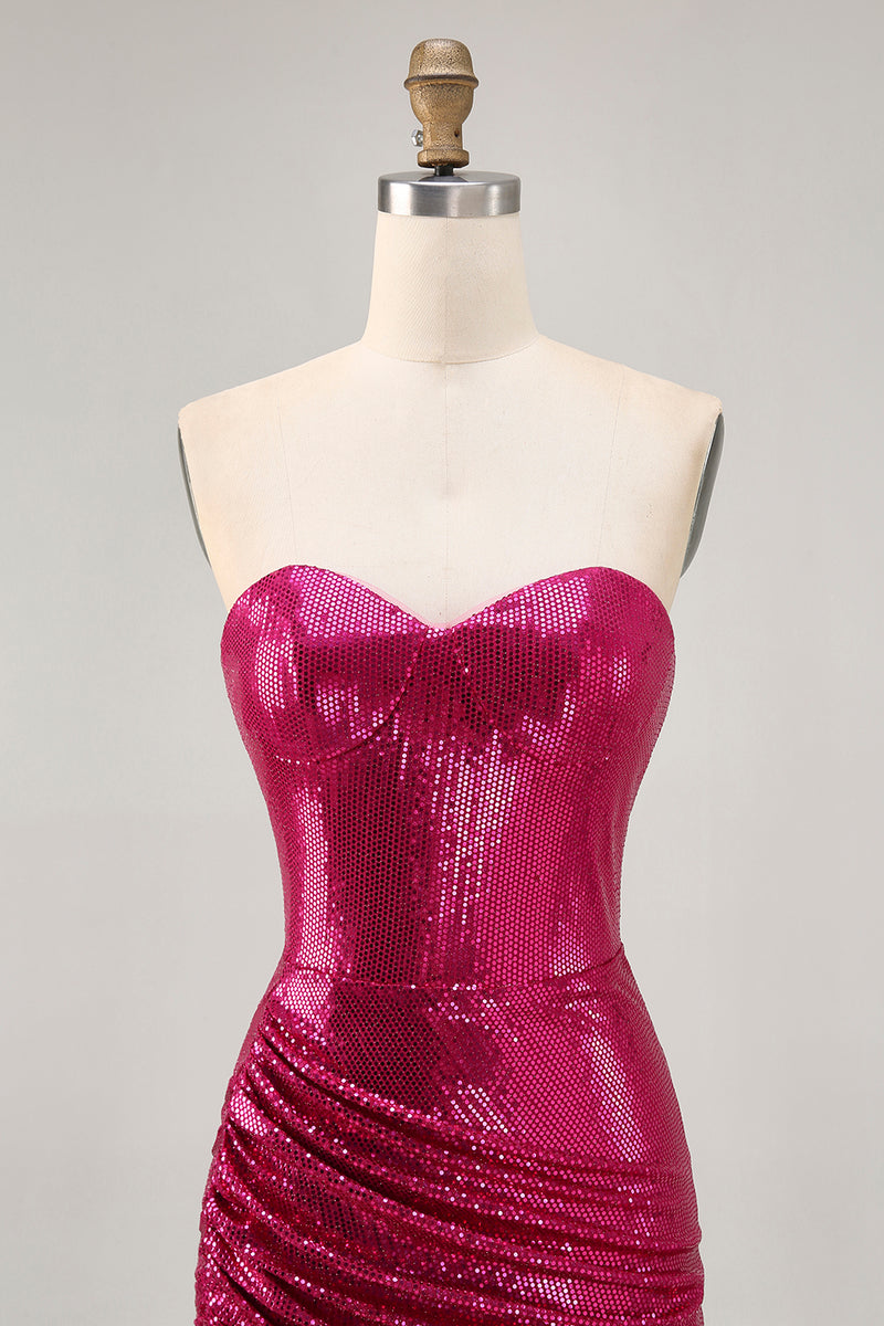 Load image into Gallery viewer, Sparkly Fuchsia Sweetheart Tight Sequin Short Prom Dress