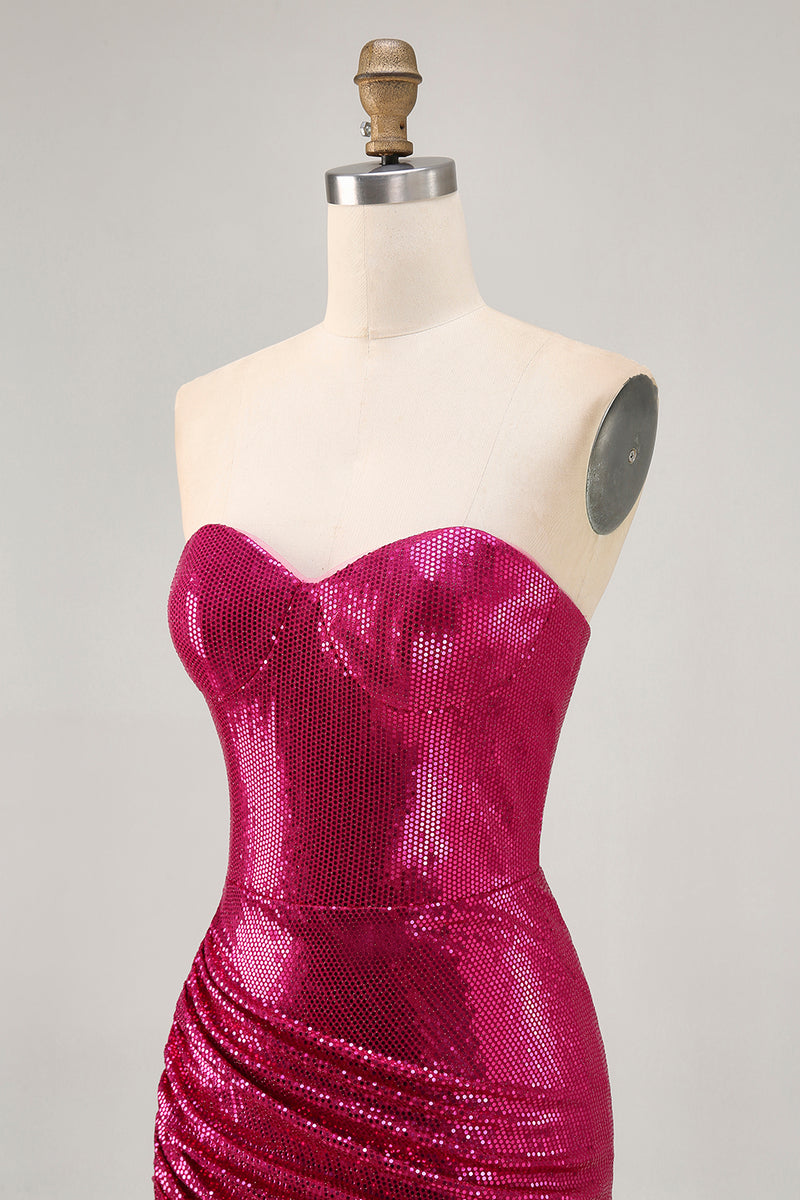 Load image into Gallery viewer, Sparkly Fuchsia Sweetheart Tight Sequin Short Prom Dress