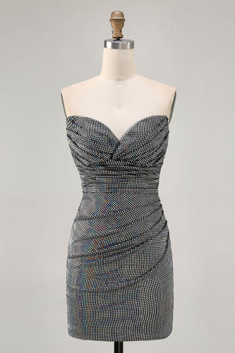 Sparkly Black Sequin Ruched Strapless Tight Short Prom Dress