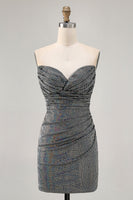 Load image into Gallery viewer, Sparkly White Silver Strapless Sequin Ruched Tight Short Prom Dress