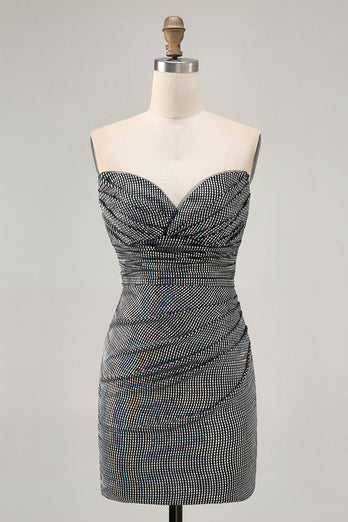 Sparkly White Silver Strapless Sequin Ruched Tight Short Prom Dress