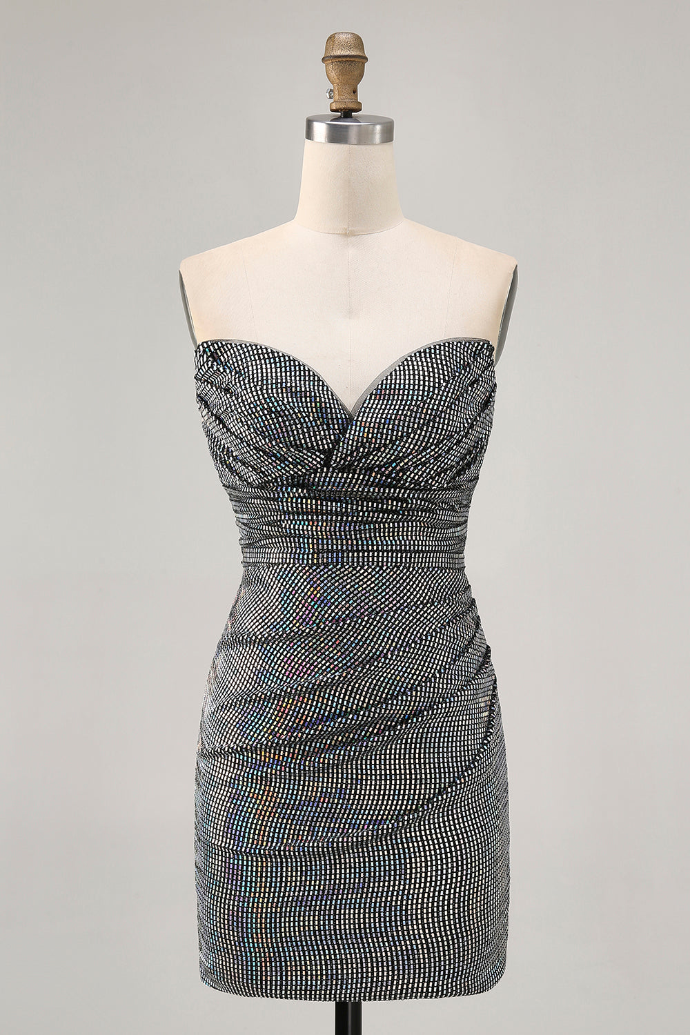 Sparkly Black Sequin Ruched Strapless Tight Short Prom Dress