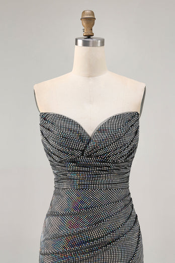 Sparkly White Silver Strapless Sequin Ruched Tight Short Prom Dress