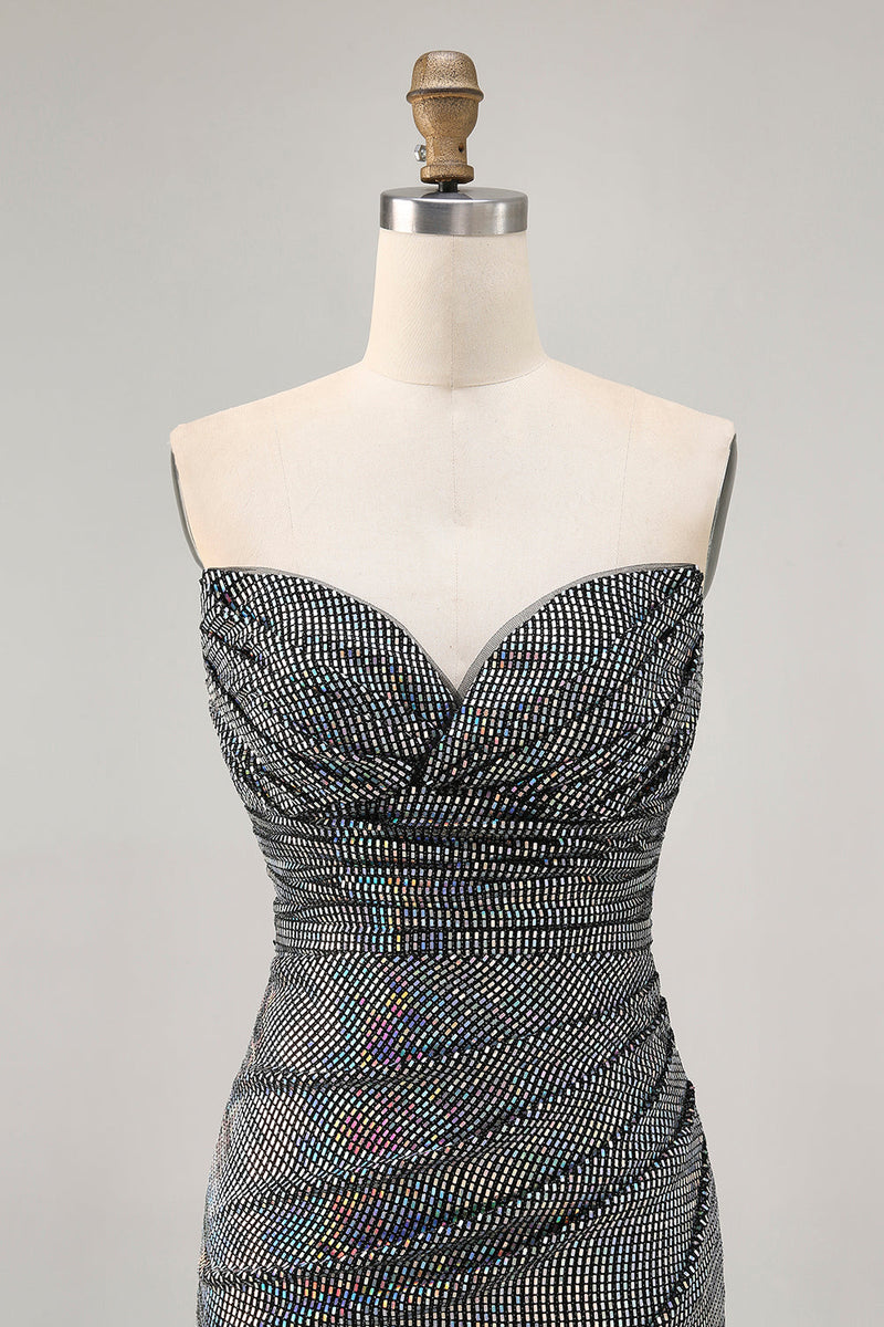 Load image into Gallery viewer, Sparkly White Silver Strapless Sequin Ruched Tight Short Prom Dress