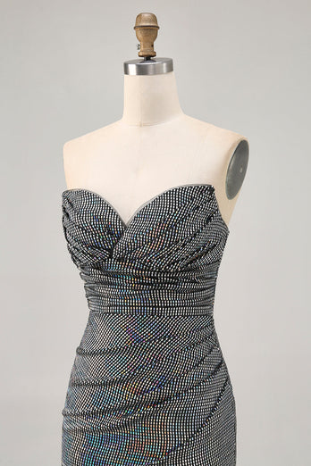 Sparkly White Silver Strapless Sequin Ruched Tight Short Prom Dress