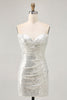 Load image into Gallery viewer, Sparkly White Silver Strapless Sequin Ruched Tight Short Prom Dress