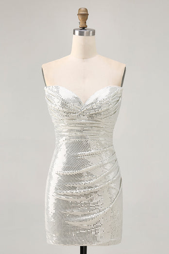 Sparkly White Silver Strapless Sequin Ruched Tight Short Prom Dress