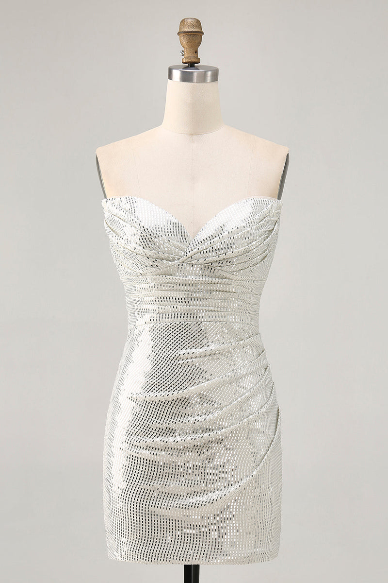 Load image into Gallery viewer, Sparkly White Silver Strapless Sequin Ruched Tight Short Prom Dress