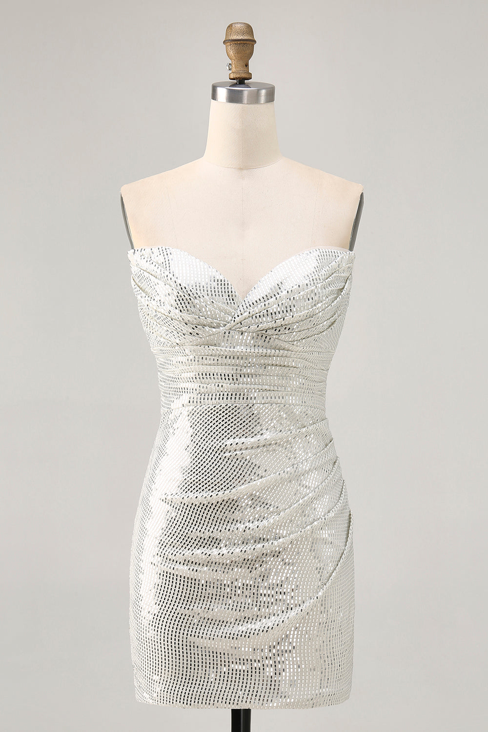 Sparkly White Silver Strapless Sequin Ruched Tight Short Prom Dress