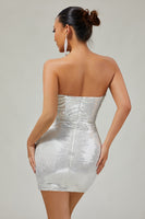 Load image into Gallery viewer, Sparkly White Silver Strapless Sequin Ruched Tight Short Prom Dress