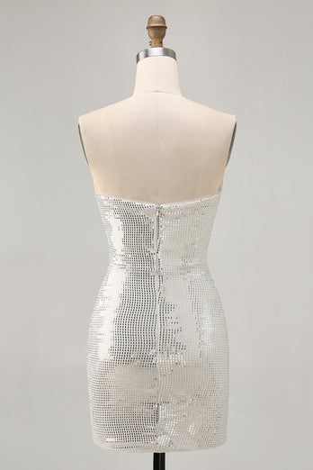 Sparkly White Silver Strapless Sequin Ruched Tight Short Prom Dress