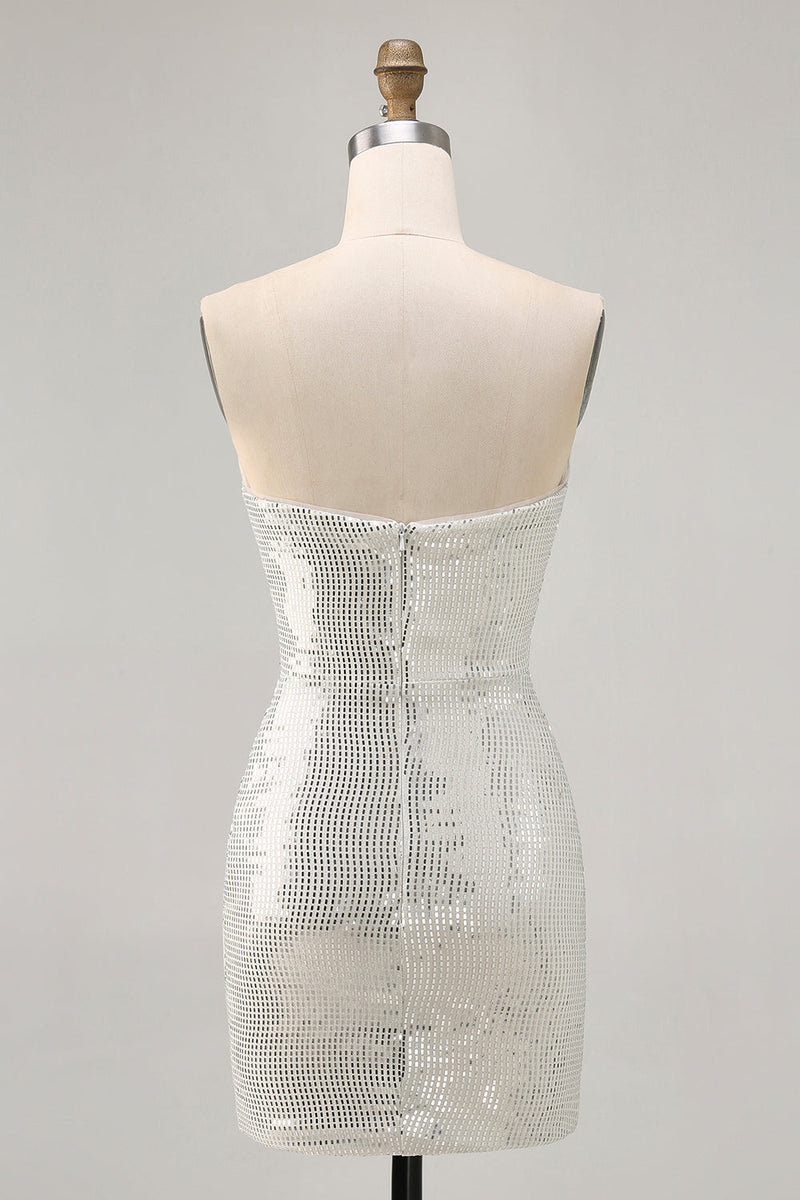 Load image into Gallery viewer, Sparkly White Silver Strapless Sequin Ruched Tight Short Prom Dress