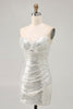 Load image into Gallery viewer, Sparkly White Silver Strapless Sequin Ruched Tight Short Prom Dress