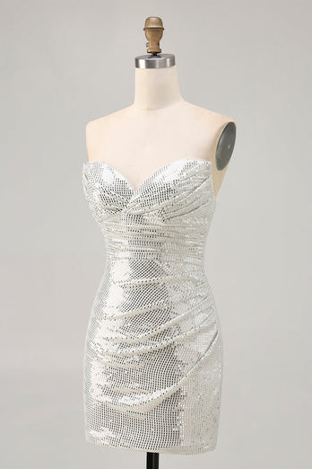 Sparkly White Silver Strapless Sequin Ruched Tight Short Prom Dress