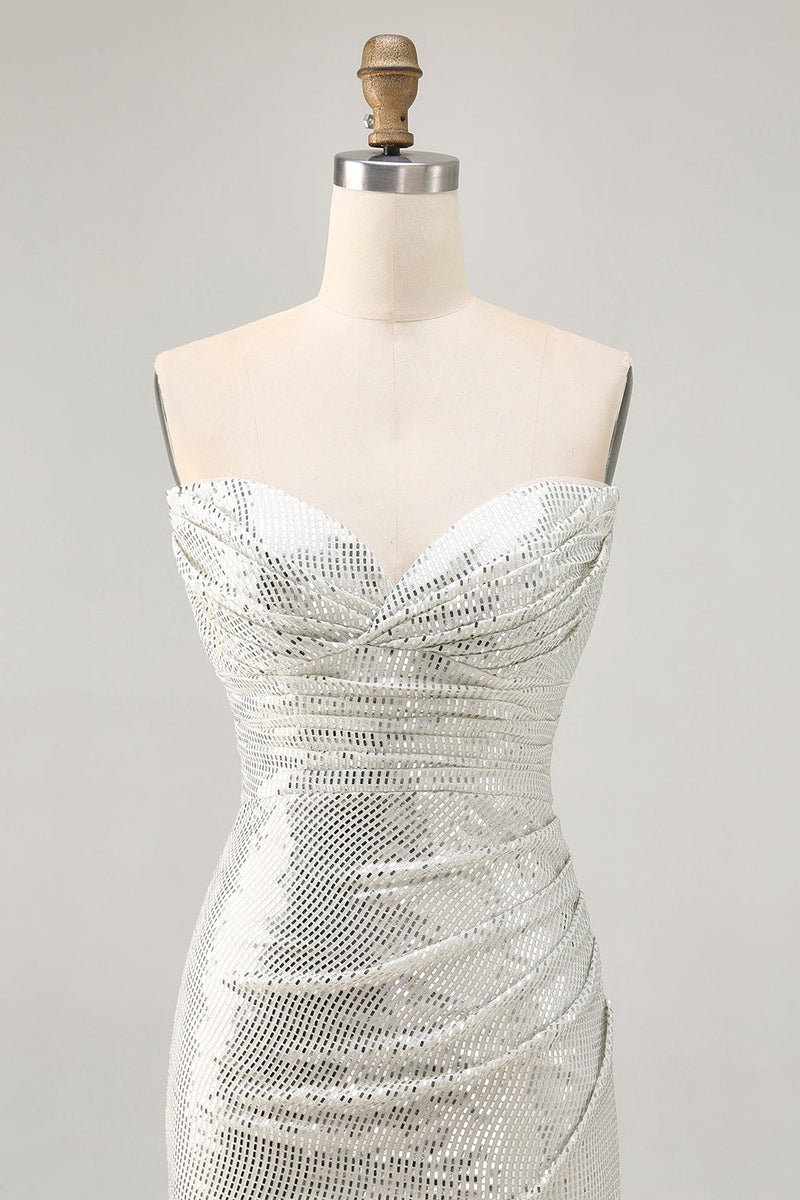 Load image into Gallery viewer, Sparkly White Silver Strapless Sequin Ruched Tight Short Prom Dress