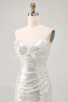 Load image into Gallery viewer, Sparkly White Silver Strapless Sequin Ruched Tight Short Prom Dress