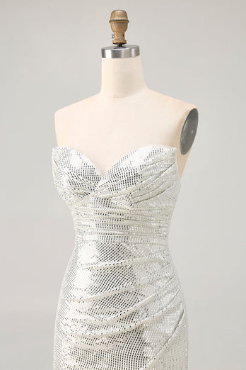 Sparkly White Silver Strapless Sequin Ruched Tight Short Prom Dress