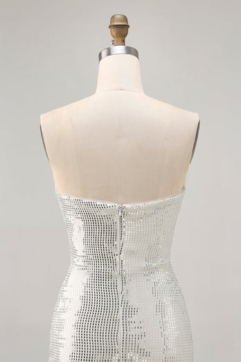 Sparkly White Silver Strapless Sequin Ruched Tight Short Prom Dress