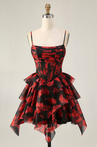 Black Red Corset A Line Short Tiered Prom Dress with Ruffles
