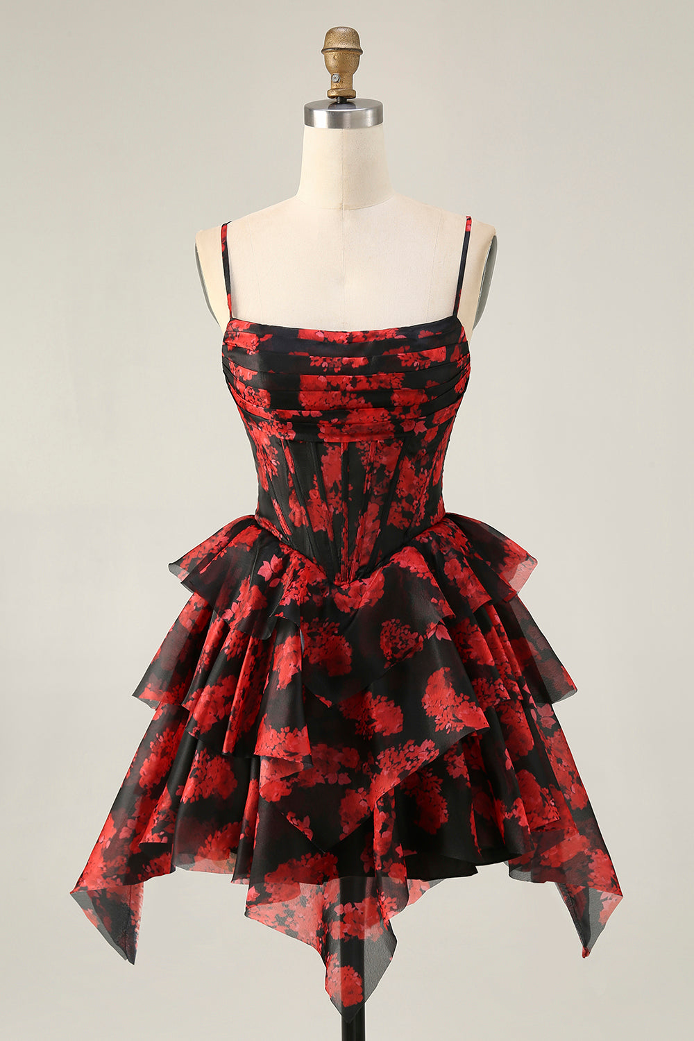 Black Red Corset A Line Short Tiered Prom Dress with Ruffles