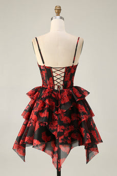 Black Red Corset A Line Short Tiered Prom Dress with Ruffles