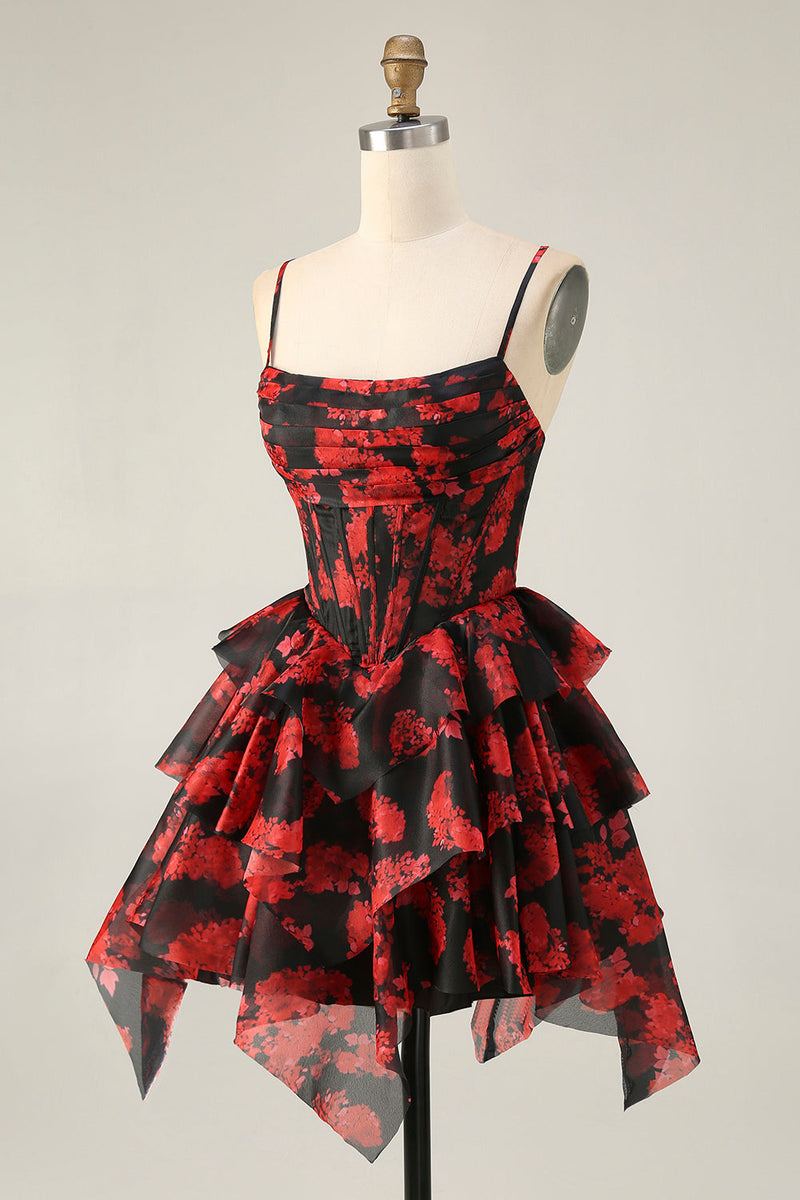 Load image into Gallery viewer, Black Red Corset A Line Short Tiered Prom Dress with Ruffles