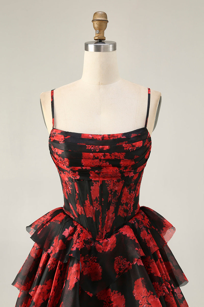 Load image into Gallery viewer, Black Red Corset A Line Short Tiered Prom Dress with Ruffles