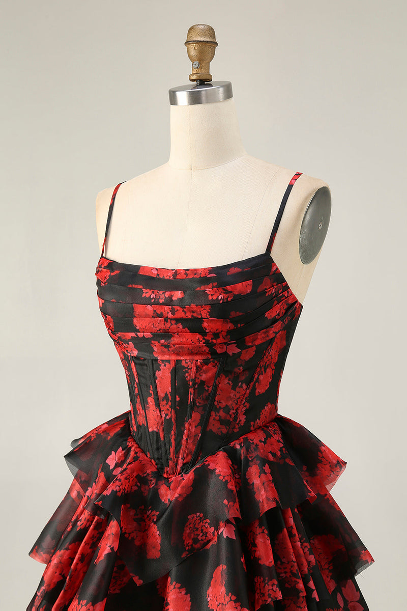Load image into Gallery viewer, Black Red Corset A Line Short Tiered Prom Dress with Ruffles