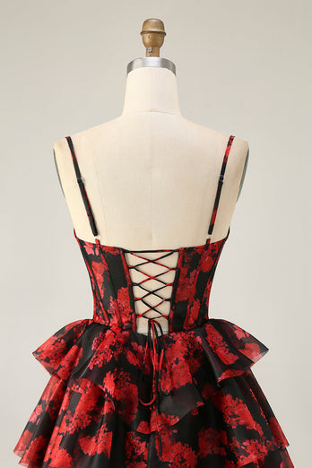 Black Red Corset A Line Short Tiered Prom Dress with Ruffles