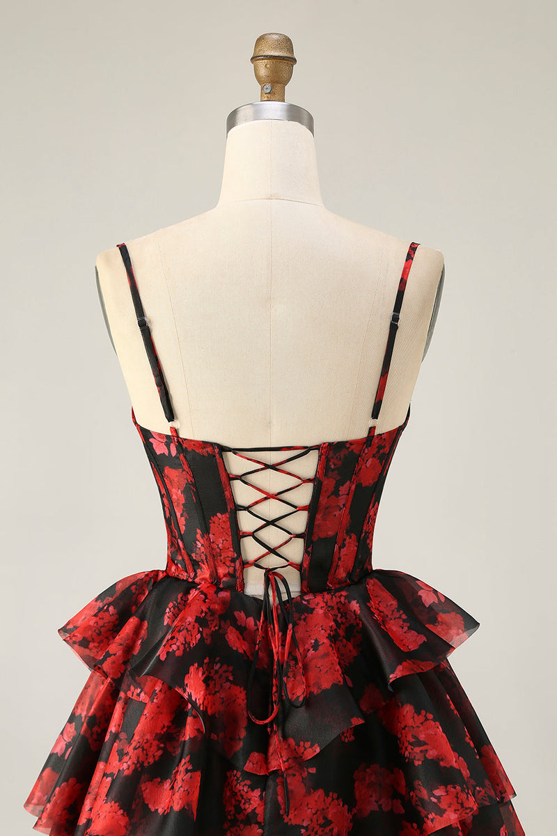 Load image into Gallery viewer, Black Red Corset A Line Short Tiered Prom Dress with Ruffles