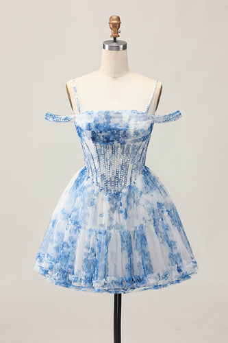 White Blue Flower A Line Corset Cold Shoulder Short Prom Dress